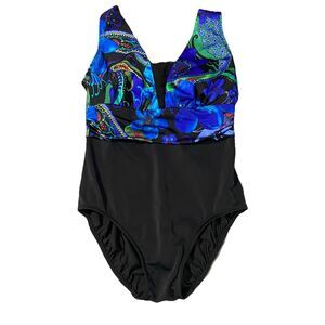 Longitude One Piece Swimsuit Womens Size 8 Black Purple Floral Swim Bathing Suit